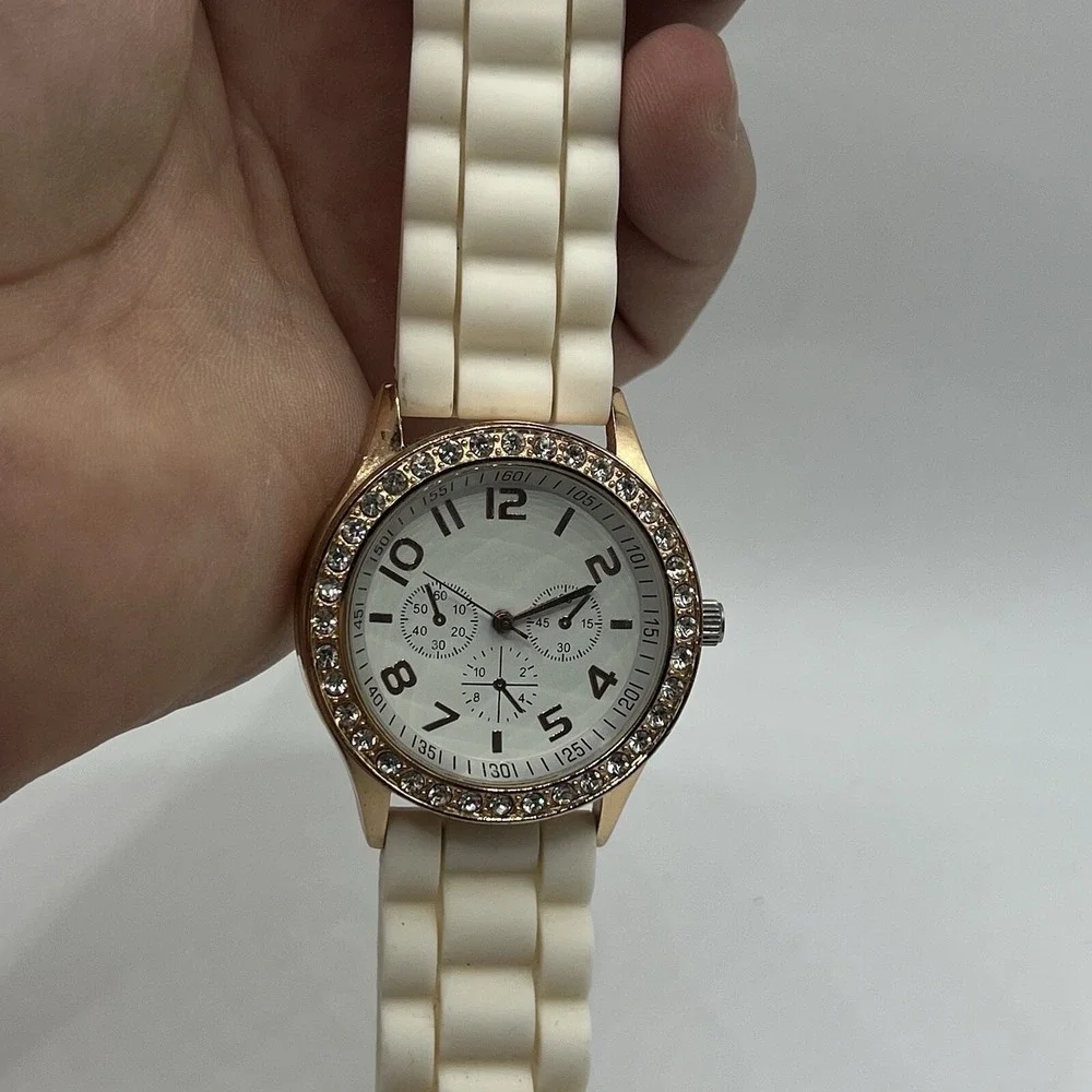 Ladies Trendy Round Rose Gold Tone Bezel‎ White Dial Poly Band Analog Watch J6